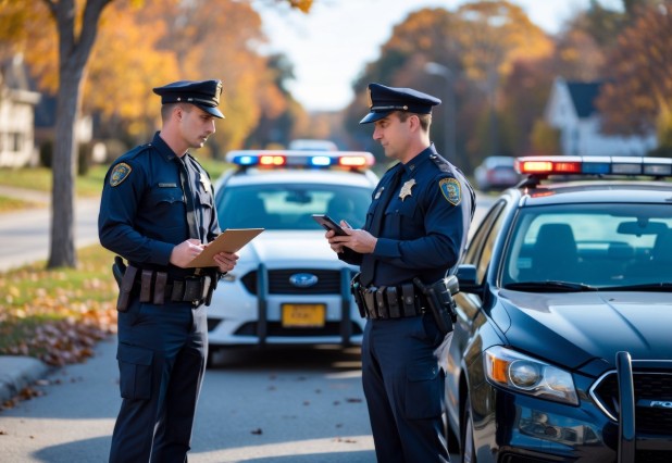 A police officer and a driver discussing a minor car accident on a suburban street with their vehicles nearby.